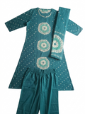 Teal Bandhani Print Cotton Kurti Set with Dupatta & Trousers | 3K-1003