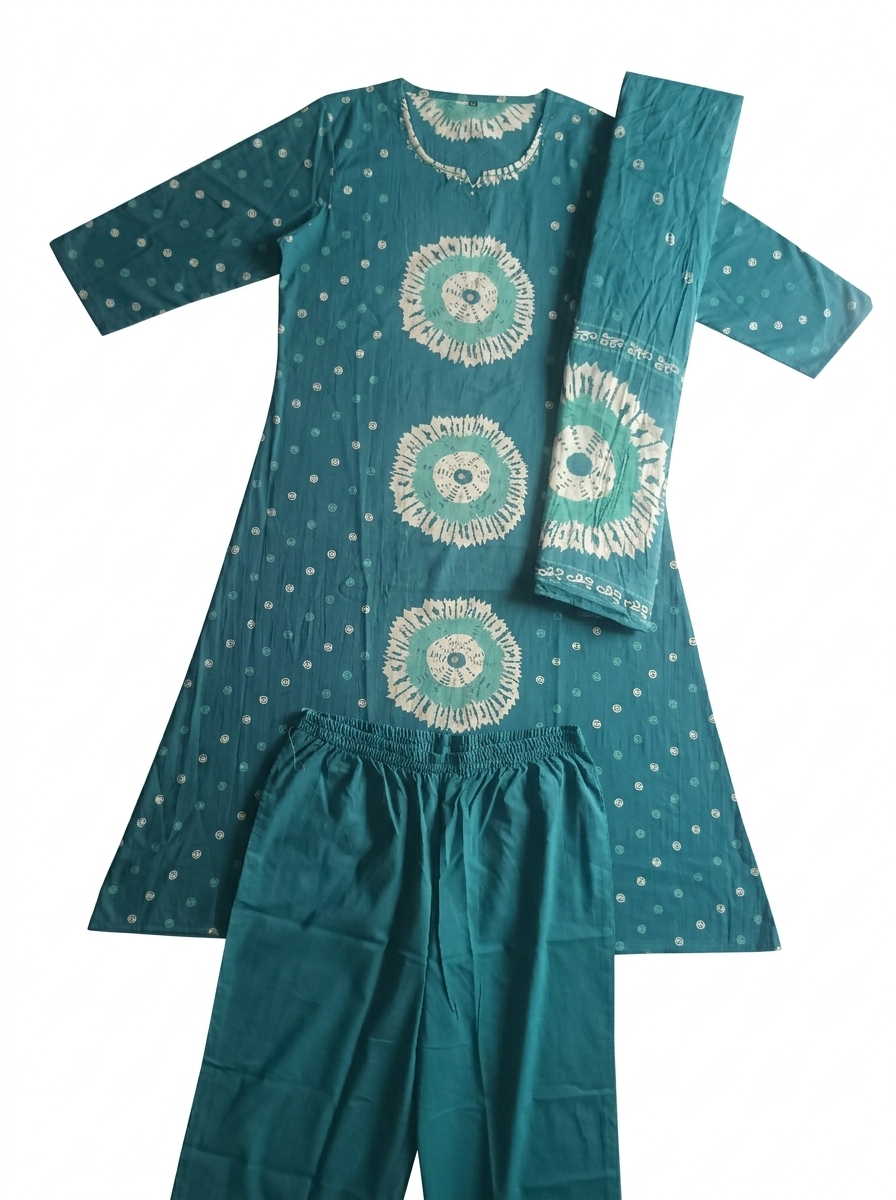 Teal Bandhani Print Cotton Kurti Set with Dupatta & Trousers | 3K-1003