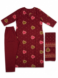 Maroon Cotton Printed Kurti Set with Neck Embellishment, Straight Trousers, and Dupatta – 3-Piece Festive & Casual Wear Suit for Women | 3K-1007