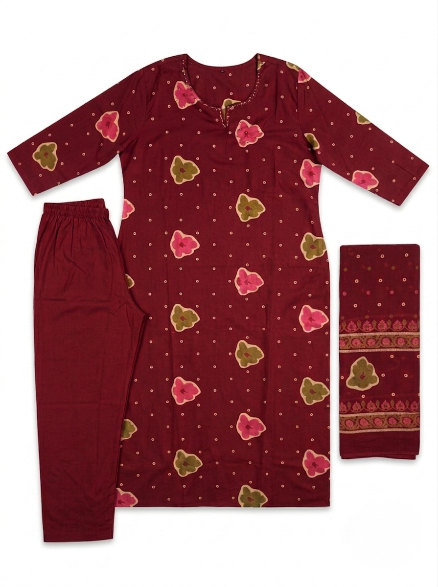 Maroon Cotton Printed Kurti Set with Neck Embellishment, Straight Trousers, and Dupatta – 3-Piece Festive & Casual Wear Suit for Women | 3K-1007