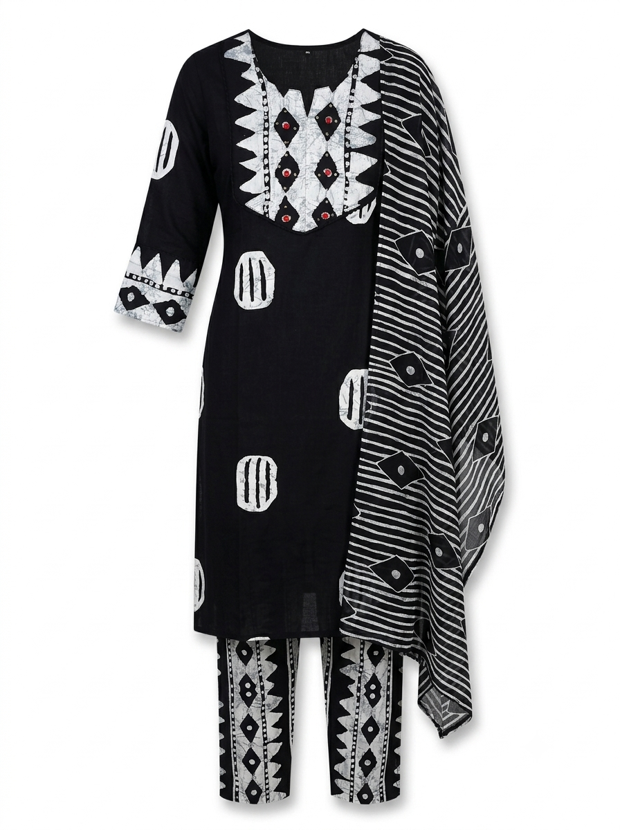 Black & White Geometric Batik Print Cotton Kurti Set with Dupatta & Trousers | 3K-1004