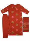 generate me a title and decription to be used in e commerce platforms  Rust Red Floral Printed Cotton Kurti Set with Embellished Neckline, Straight Pants & Dupatta | 3K-1006