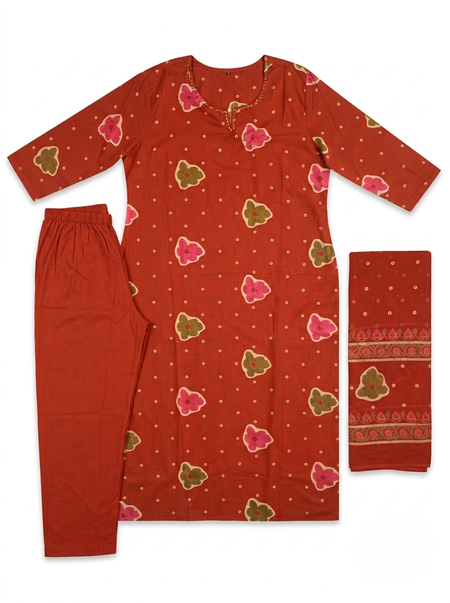 generate me a title and decription to be used in e commerce platforms  Rust Red Floral Printed Cotton Kurti Set with Embellished Neckline, Straight Pants & Dupatta | 3K-1006