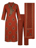 Women Rust Orange Geometric Printed Cotton Kurti Set with Embellished Neckline, Trousers & Dupatta | 3K-1009