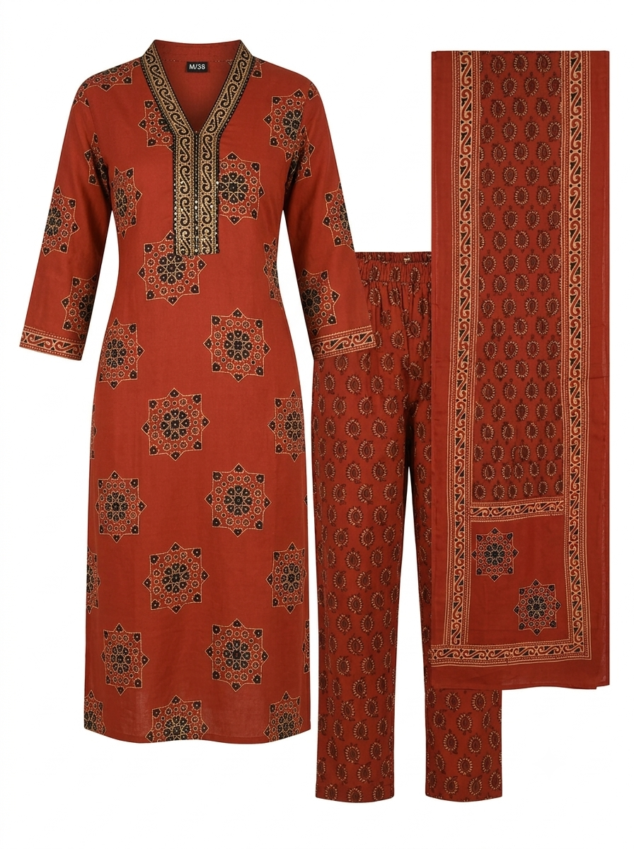 Women Rust Orange Geometric Printed Cotton Kurti Set with Embellished Neckline, Trousers & Dupatta | 3K-1009