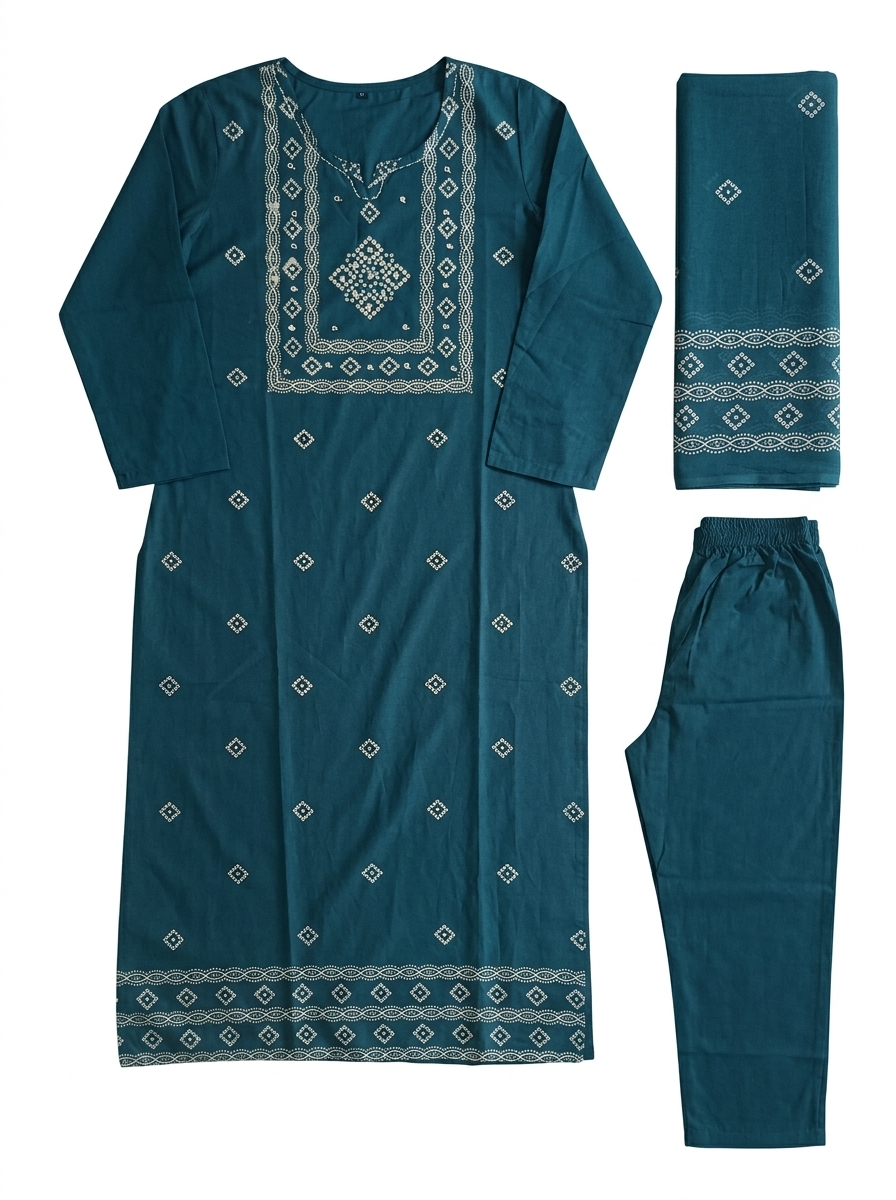 Teal Blue Printed Cotton Kurti Set with Yoke Detailing, Straight Pants & Matching Dupatta – 3-Piece Ethnic Suit | 3K-1005