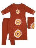 Rust Orange Bandhani Printed Cotton Kurti Set with Embellished V-Neck, Straight Pants & Dupatta | 3K-1008
