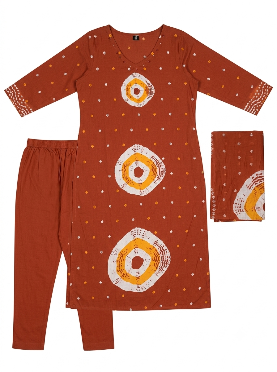 Rust Orange Bandhani Printed Cotton Kurti Set with Embellished V-Neck, Straight Pants & Dupatta | 3K-1008