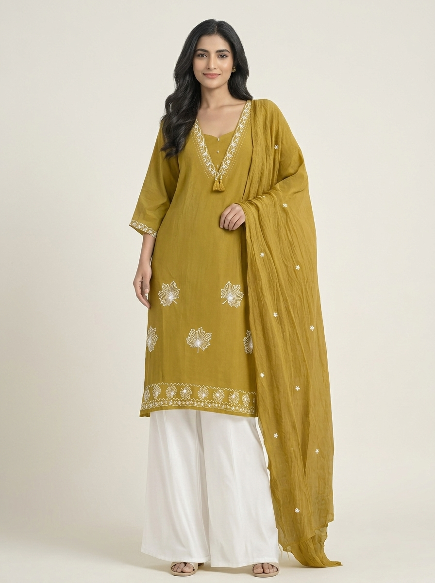 Women’s Mustard Yellow Embroidered 3-Piece Kurta Set with White Palazzo & Dupatta | 3K-1002