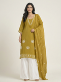 Women’s Mustard Yellow Embroidered 3-Piece Kurta Set with White Palazzo & Dupatta | 3K-1002