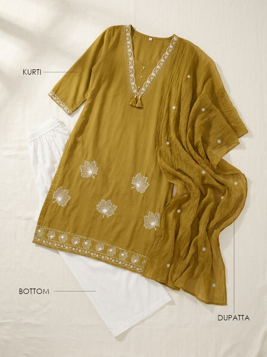 Women’s Mustard Yellow Embroidered 3-Piece Kurta Set with White Palazzo & Dupatta | 3K-1002