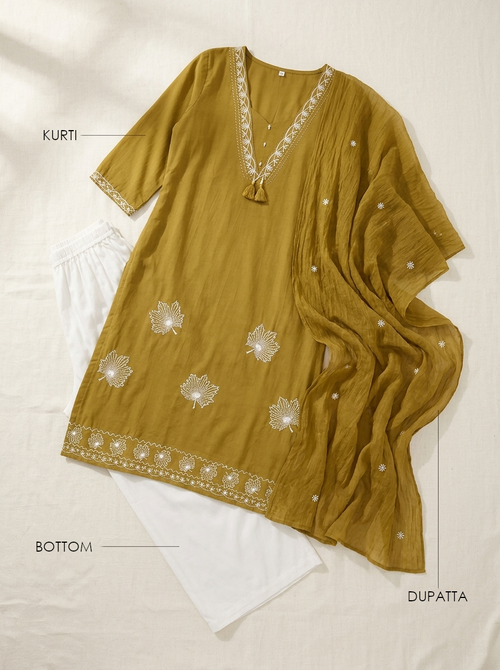 Women’s Mustard Yellow Embroidered 3-Piece Kurta Set with White Palazzo & Dupatta | 3K-1002