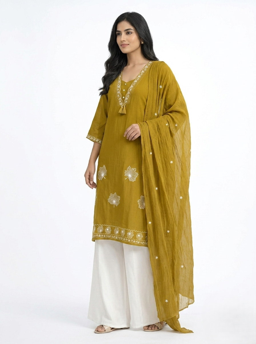Women’s Mustard Yellow Embroidered 3-Piece Kurta Set with White Palazzo & Dupatta | 3K-1002