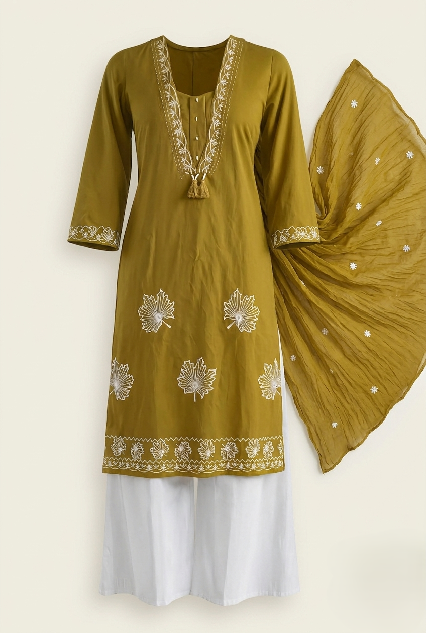 Women’s Mustard Yellow Embroidered 3-Piece Kurta Set with White Palazzo & Dupatta | 3K-1002