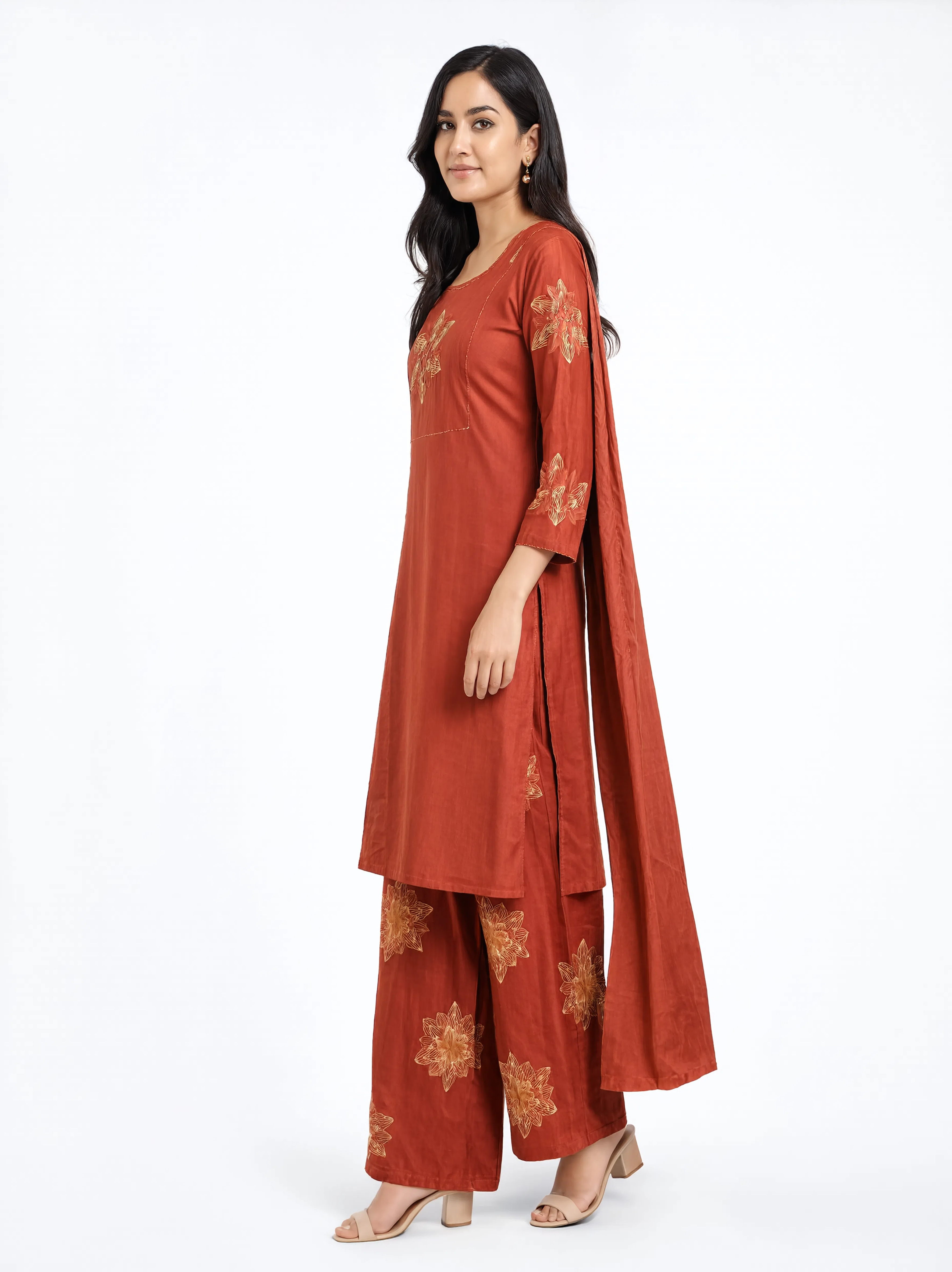 Women’s Rust Orange Embroidered 3-Piece Kurta Set with Palazzo Pants & Dupatta | 3K-1001