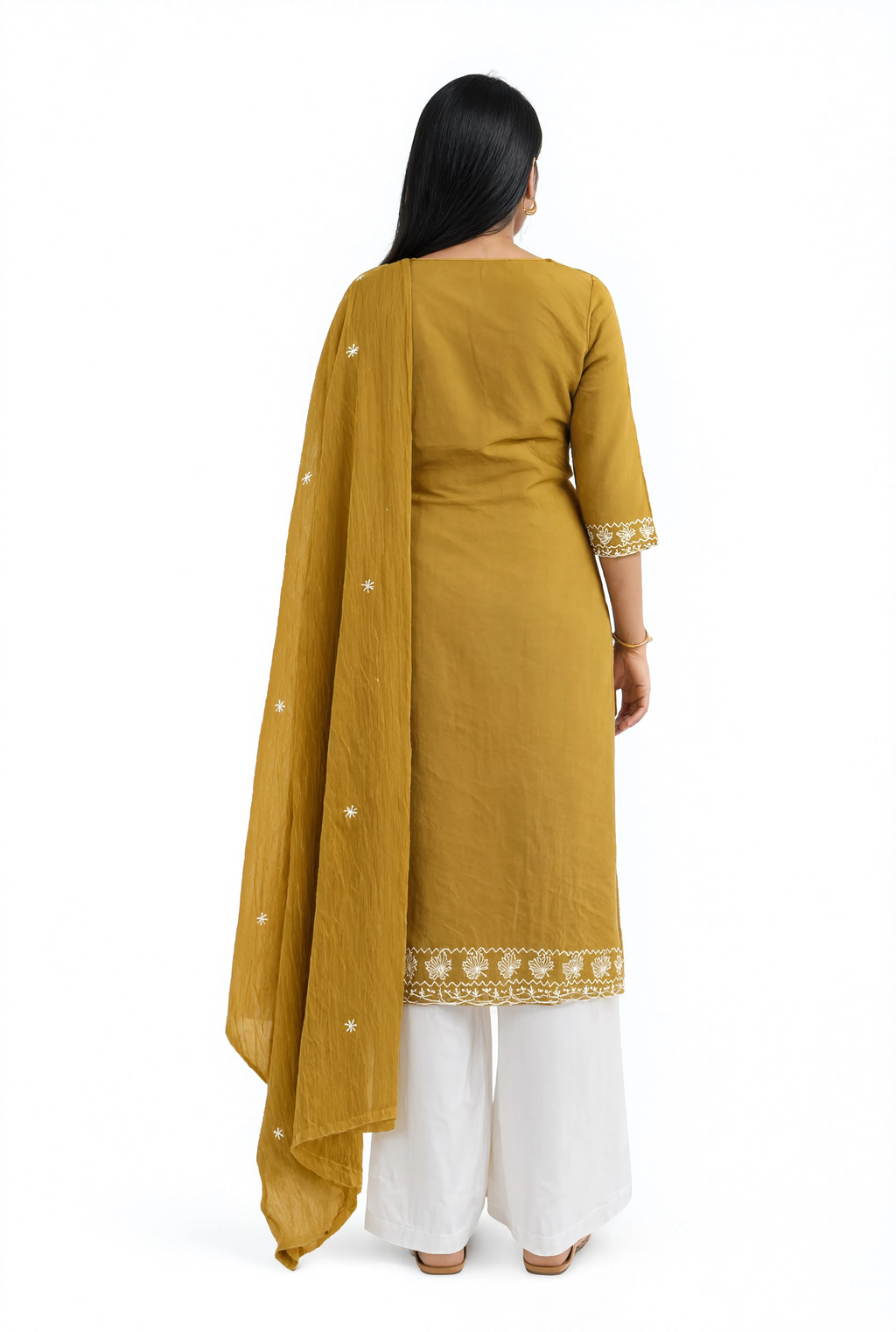 Women’s Mustard Yellow Embroidered 3-Piece Kurta Set with White Palazzo & Dupatta | 3K-1002