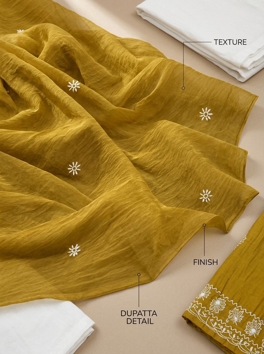 Women’s Mustard Yellow Embroidered 3-Piece Kurta Set with White Palazzo & Dupatta | 3K-1002