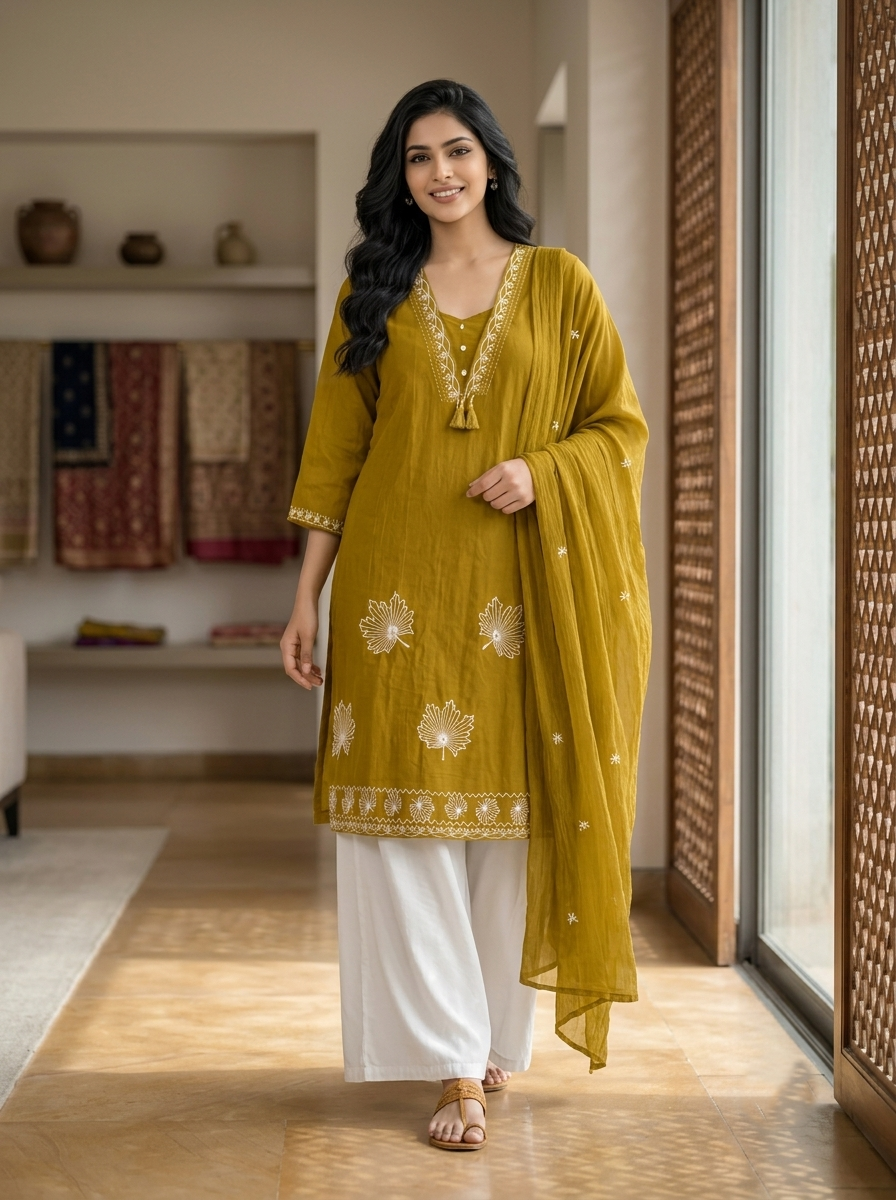 Women’s Mustard Yellow Embroidered 3-Piece Kurta Set with White Palazzo & Dupatta | 3K-1002