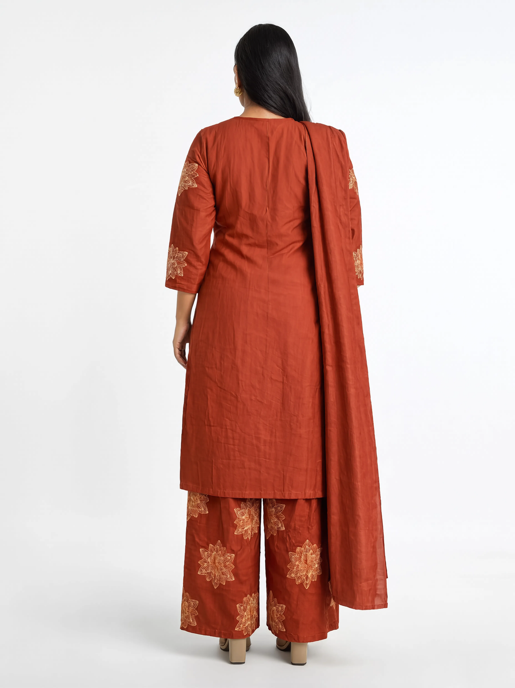 Women’s Rust Orange Embroidered 3-Piece Kurta Set with Palazzo Pants & Dupatta | 3K-1001