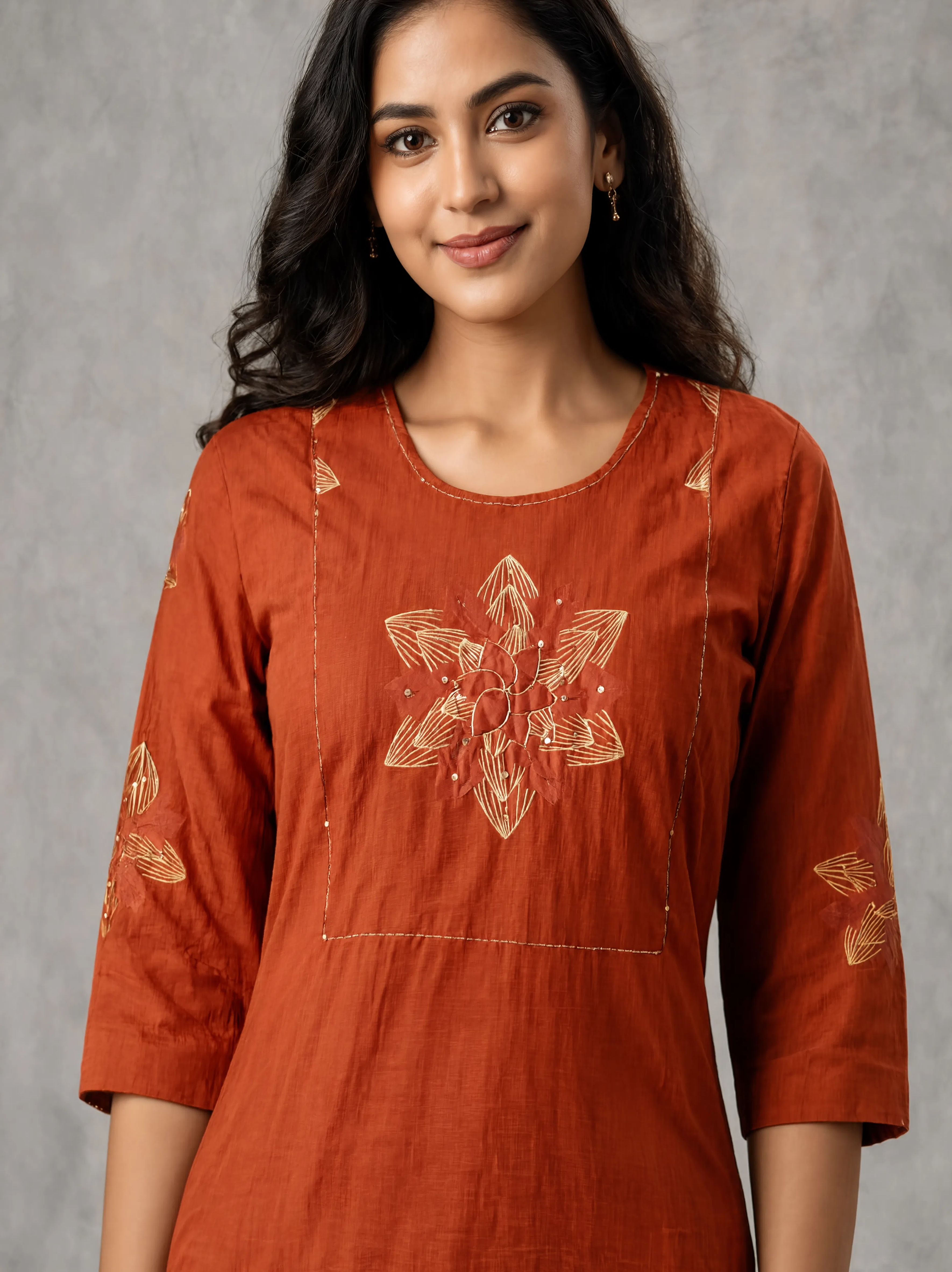 Women’s Rust Orange Embroidered 3-Piece Kurta Set with Palazzo Pants & Dupatta | 3K-1001