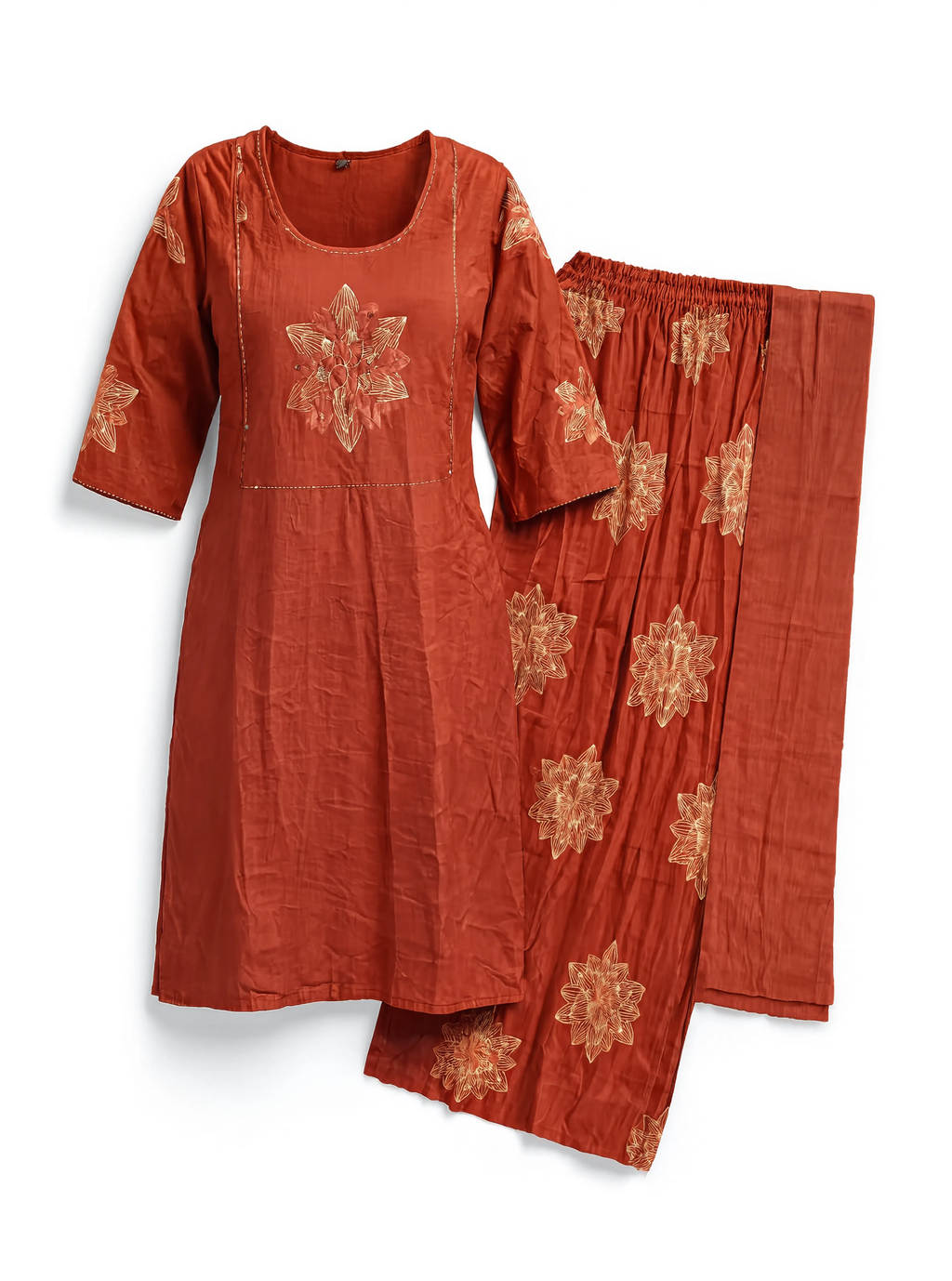 Women’s Rust Orange Embroidered 3-Piece Kurta Set with Palazzo Pants & Dupatta | 3K-1001