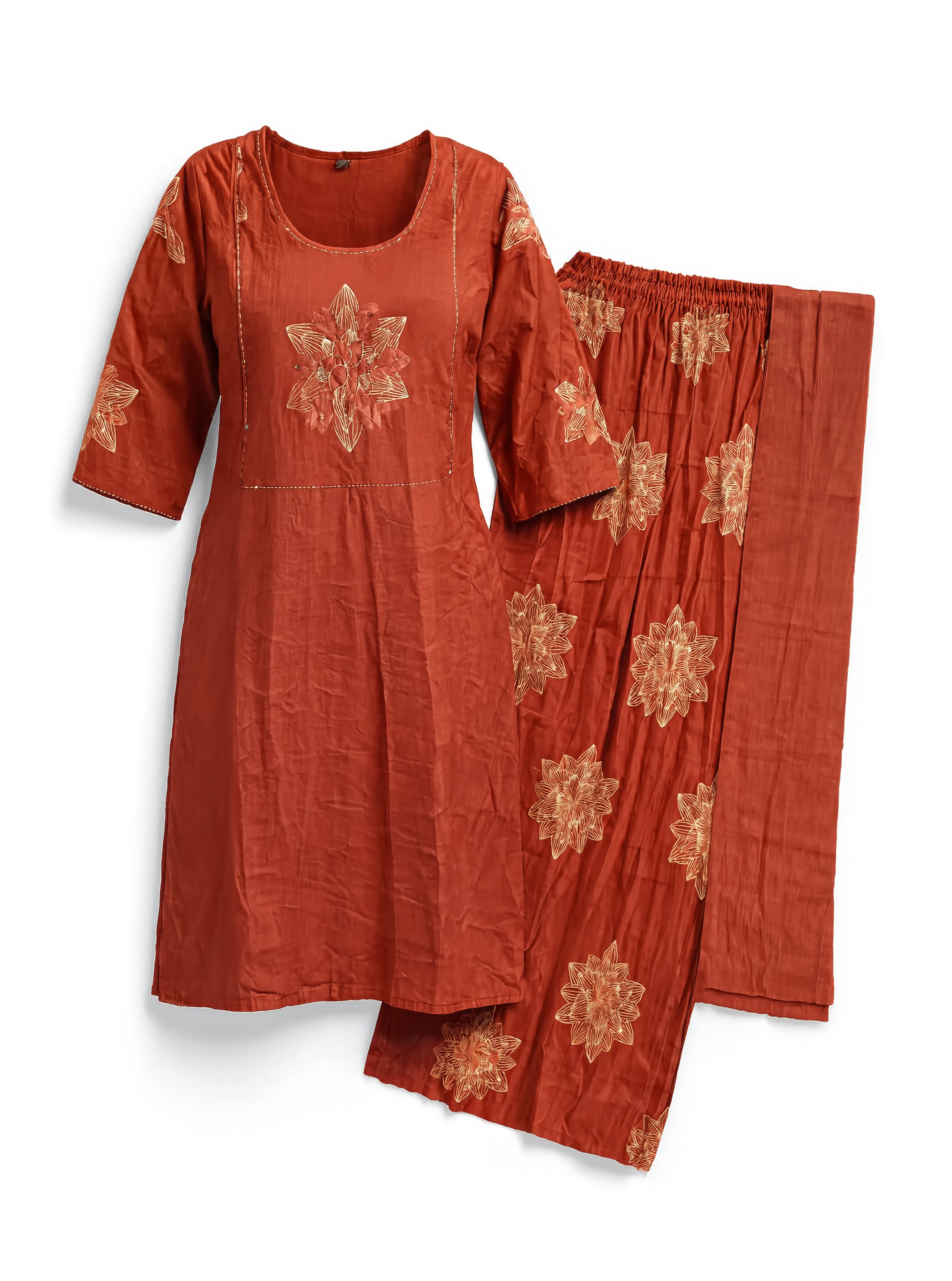 Women’s Rust Orange Embroidered 3-Piece Kurta Set with Palazzo Pants & Dupatta | 3K-1001