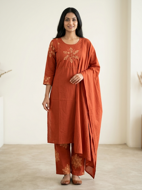 Women’s Rust Orange Embroidered 3-Piece Kurta Set with Palazzo Pants & Dupatta | 3K-1001