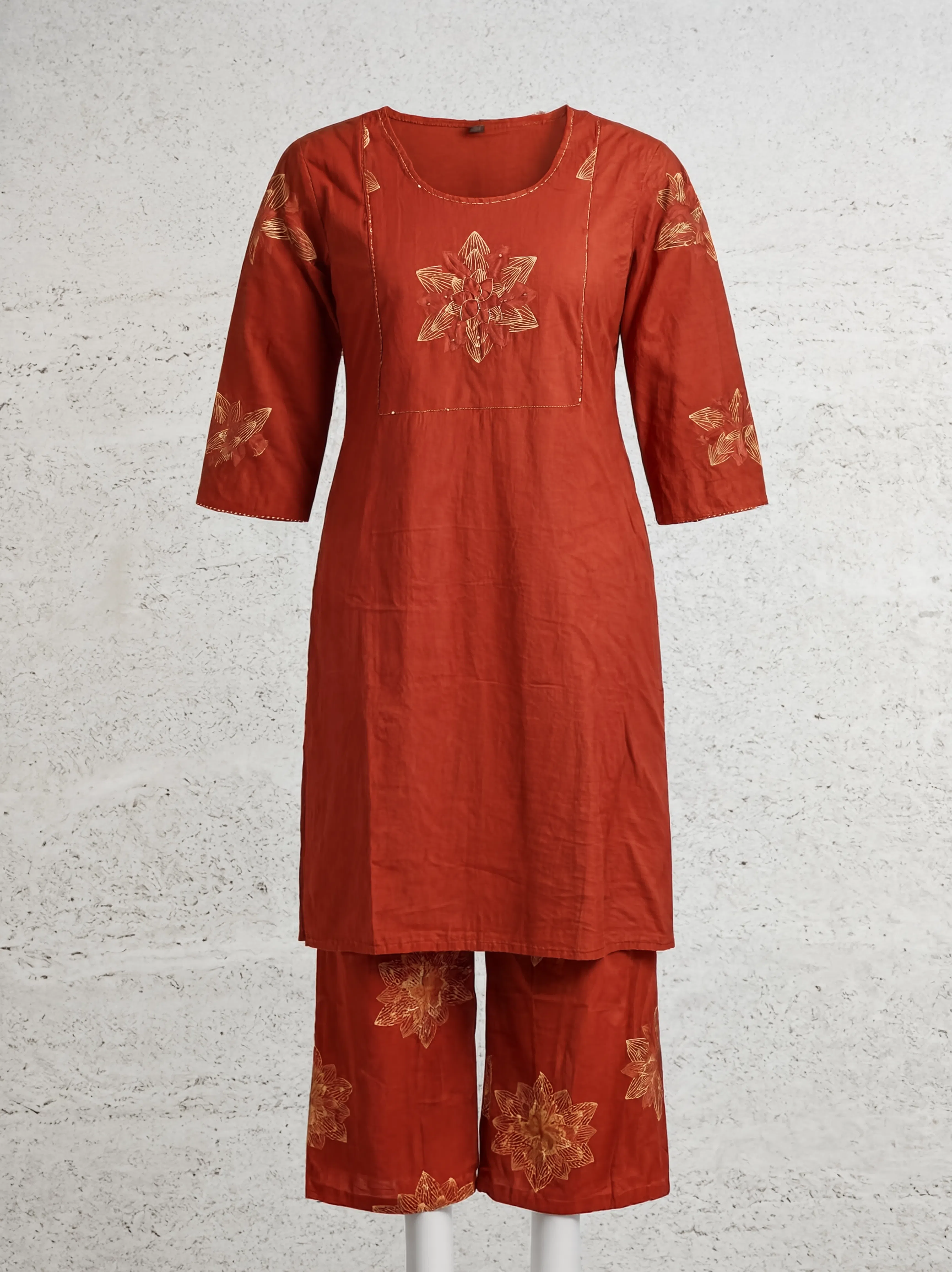 Women’s Rust Orange Embroidered 3-Piece Kurta Set with Palazzo Pants & Dupatta | 3K-1001