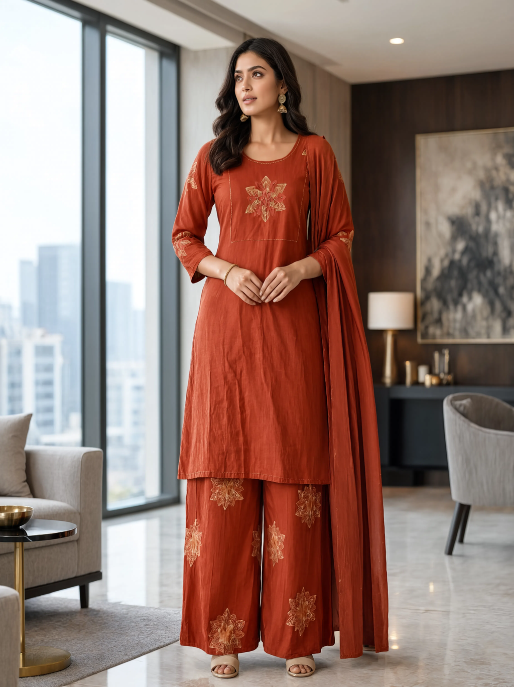 Women’s Rust Orange Embroidered 3-Piece Kurta Set with Palazzo Pants & Dupatta | 3K-1001