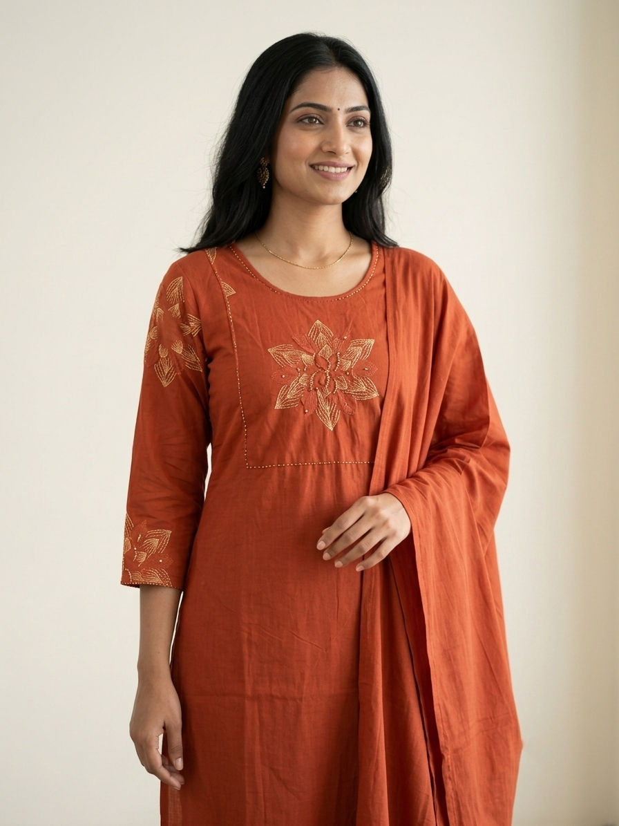 Women’s Rust Orange Embroidered 3-Piece Kurta Set with Palazzo Pants & Dupatta | 3K-1001