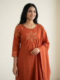 Women’s Rust Orange Embroidered 3-Piece Kurta Set with Palazzo Pants & Dupatta | 3K-1001